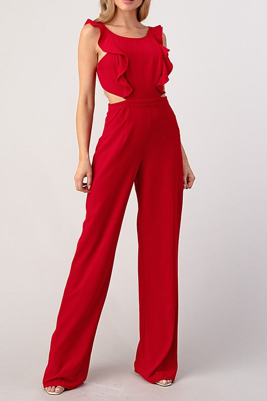 Front Side Red Ruffle Knit Open Back Bridal Jumpsuit