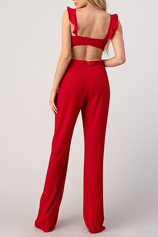 Front Side Red Ruffle Knit Open Back Bridal Jumpsuit
