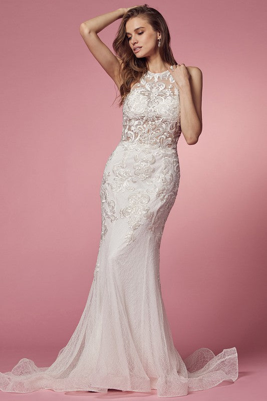 Illusion Top White Mermaid Silhouette Wedding Dress