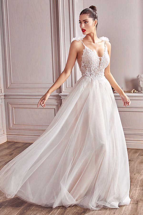 Embroidered Lace White Tulle Sleeveless Wedding Gown