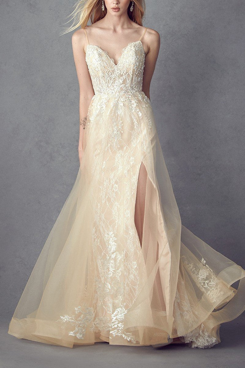 Embroidered Sweetheart Lace Champagne Tulle Bridal Gown