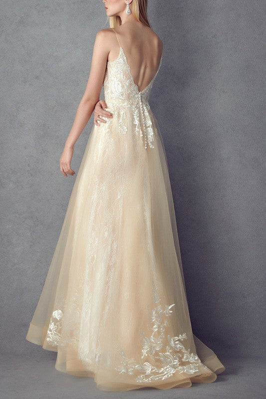 Embroidered Sweetheart Lace Champagne Tulle Bridal Gown