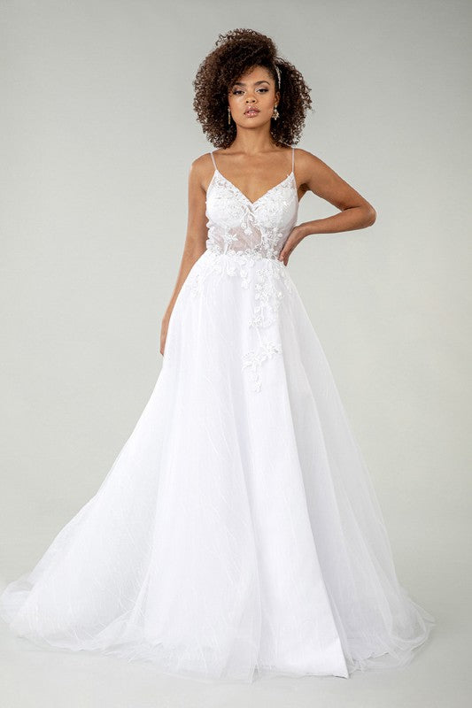 Embroidered White Sheer Bodice V-Neck Wedding Gown