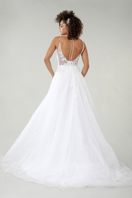 Embroidered White Sheer Bodice V-Neck Wedding Gown