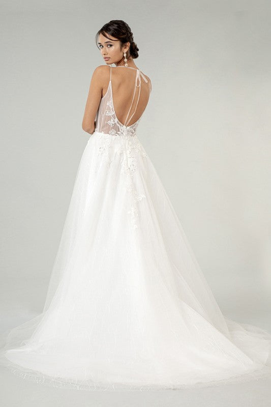 Embroidered Ivory Sheer Bodice V-Neck Wedding Gown With Train