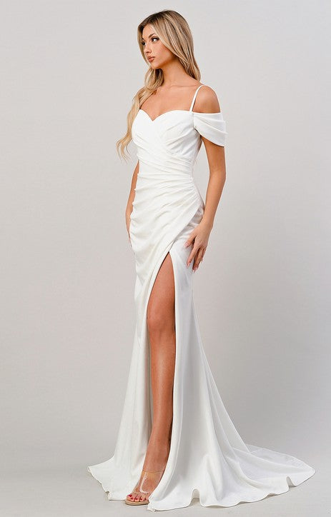 Wrap Side Slit White Chiffon Off Shoulder Wedding Gown