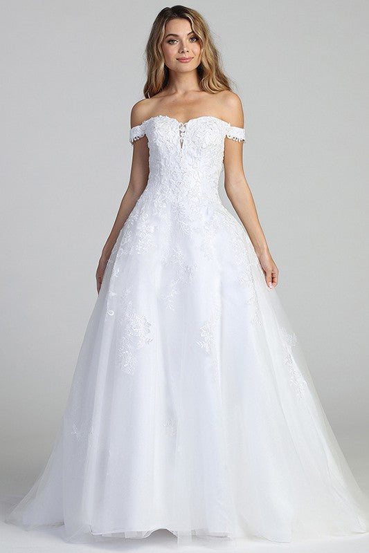 Floor Length White Off Shoulder Lace Top Soft A Line Bridal Gown