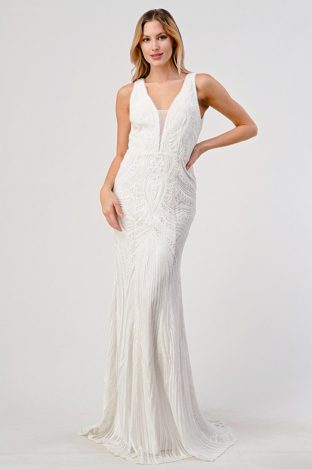 Adeline White Sequin V-Neck Sleeveless Wedding Dress