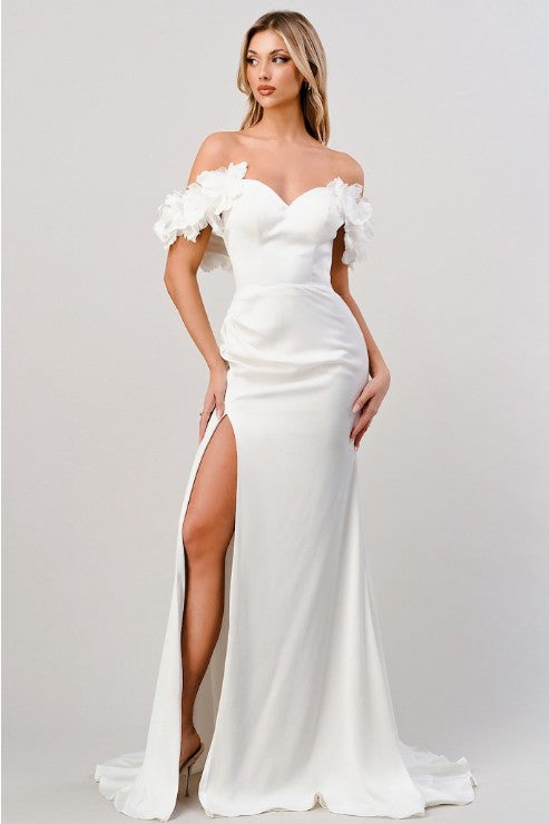 Rosette Deep V-Neck Off White Satin Bridal Gown