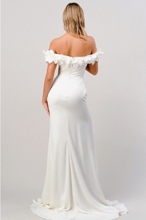 Rosette Deep V-Neck Off White Satin Bridal Gown