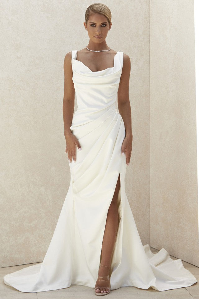 Satin Drape White Off Shoulder Side Slit Wedding Dress