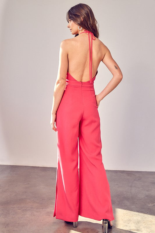 Venetian Coral Pink Halter Pleated Slit Style Backless Jumpsuit