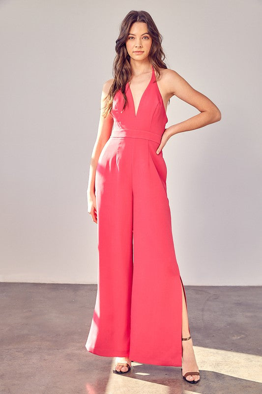 Venetian Coral Pink Halter Pleated Slit Style Backless Jumpsuit