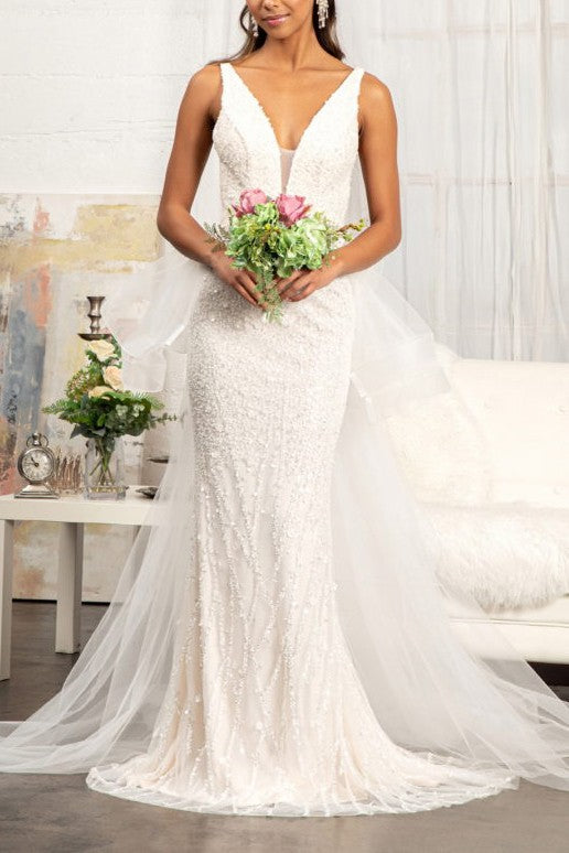 Lace Floral Beaded Applique Ivory Mermaid Mesh Wedding Gown