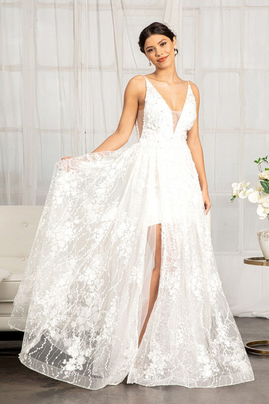 Floral 3D Applique White Embellished Mesh V-Neck Wedding Dress