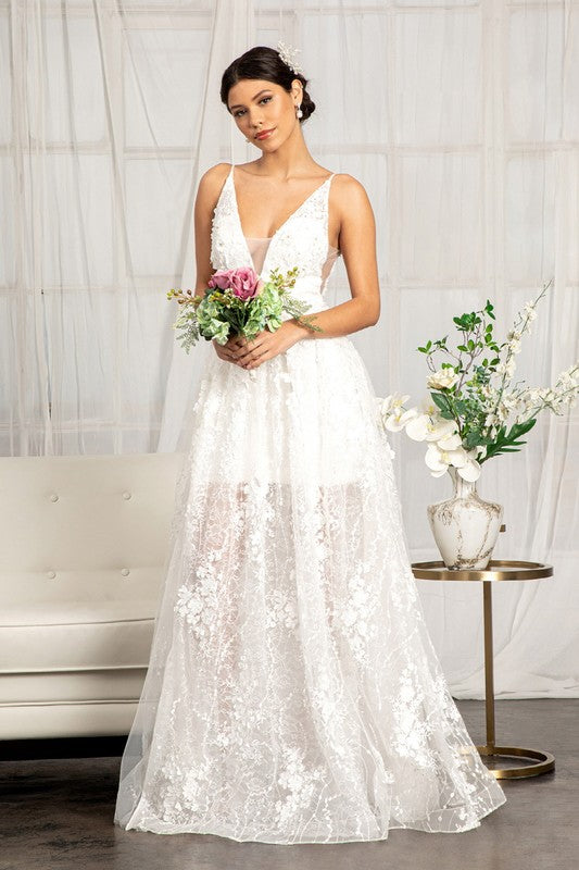 Floral 3D Applique White Embellished Mesh V-Neck Wedding Dress
