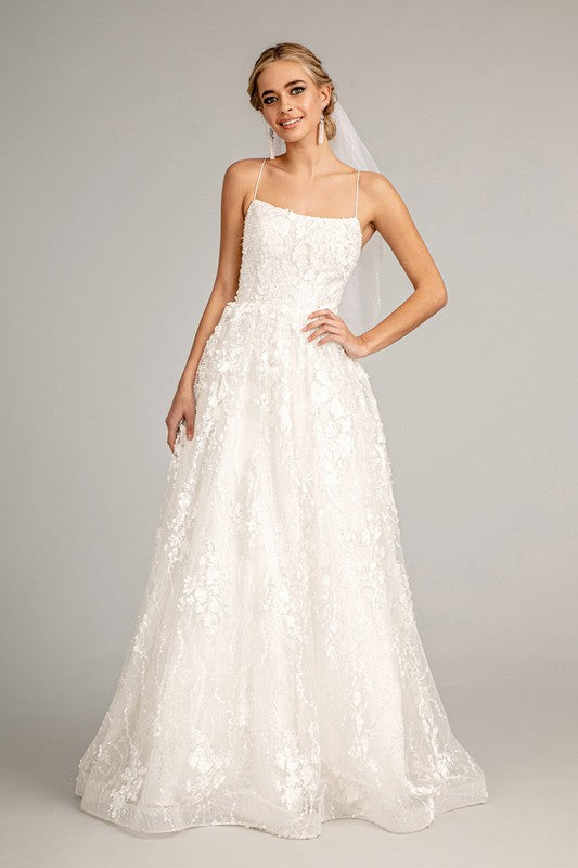 Floral Embroidered White Lace-Up Mesh Wedding Gown