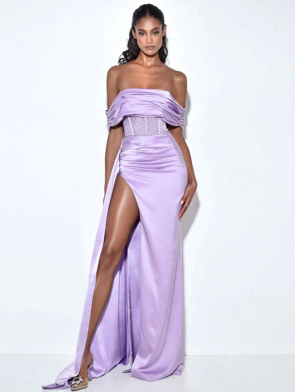 Lilac Off Shoulder Crystallized Corset Satin Gown
