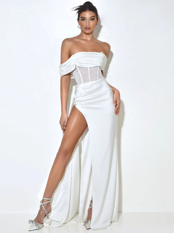 White Off Shoulder Crystallized Corset Satin Gown
