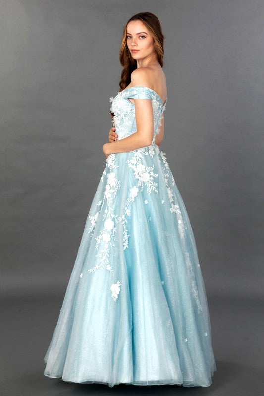 3D Floral Ice Blue Glitter Off Shoulder Bridesmaid Dress