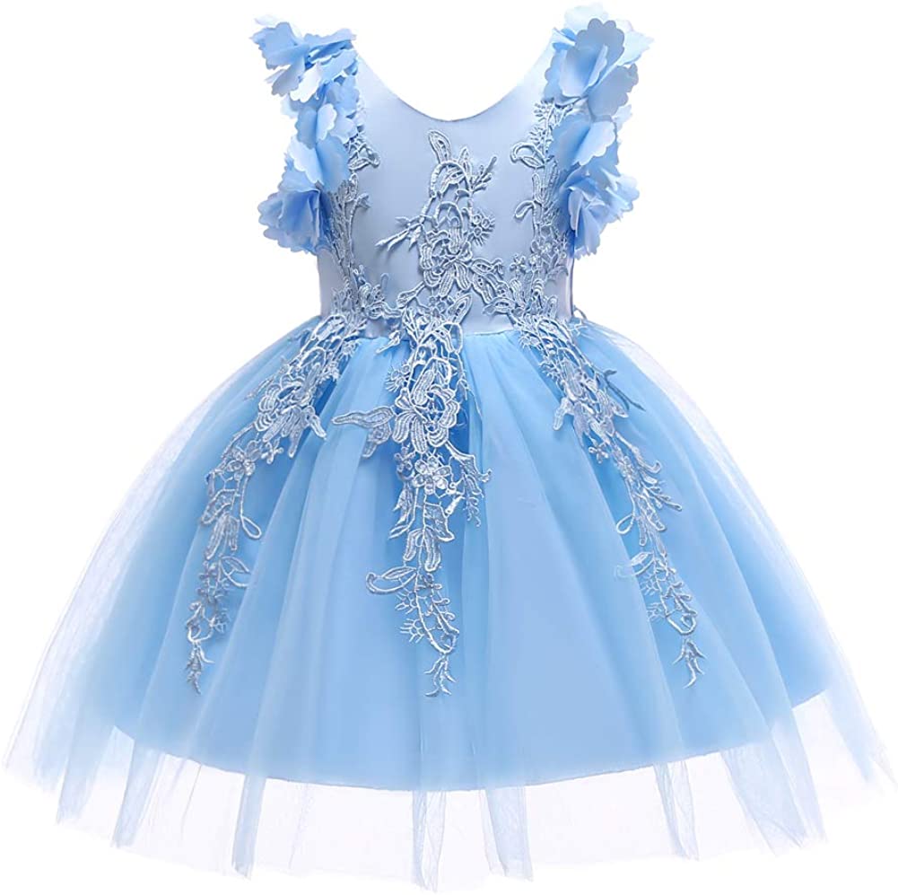 3D Butterfly Cuffs Blue Lace Tulle A-Line Flower Girl Dress
