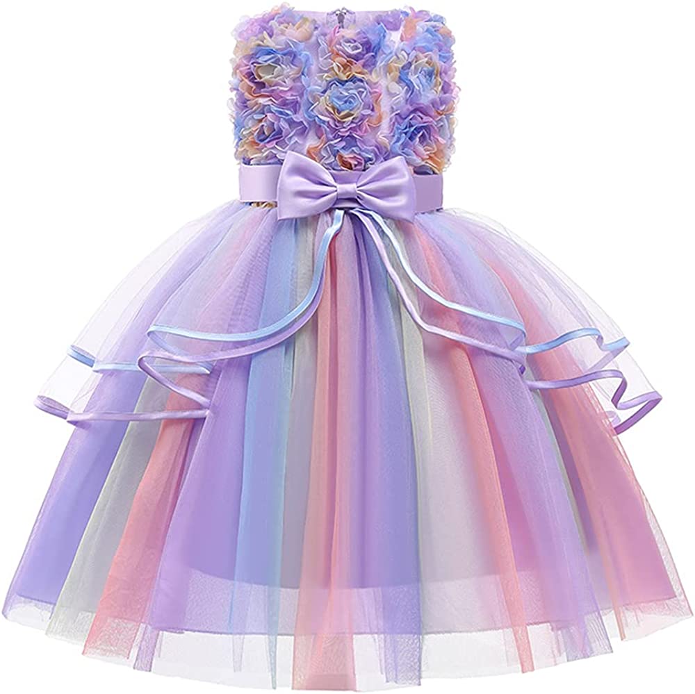 3D Floral Purple Tutu Ball Gown Girl Flower Dress