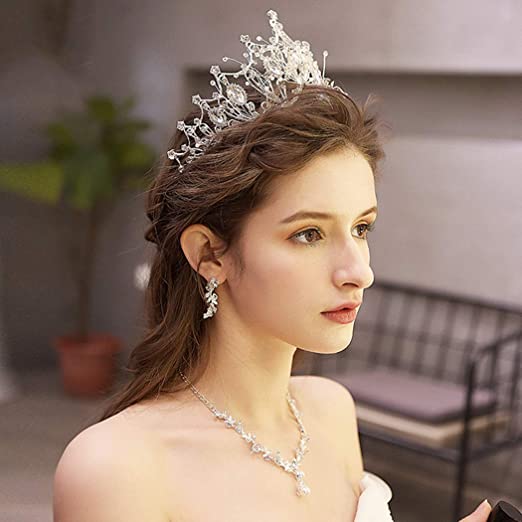 Luxury Silver Pearl Beaded Crystal Rhinestone Tiara Crown