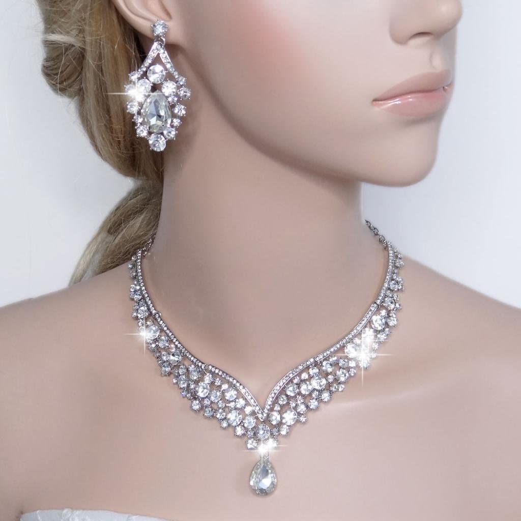 Elegant Silver Austrian Crystal V-Shaped Teardrop Jewelry Sets