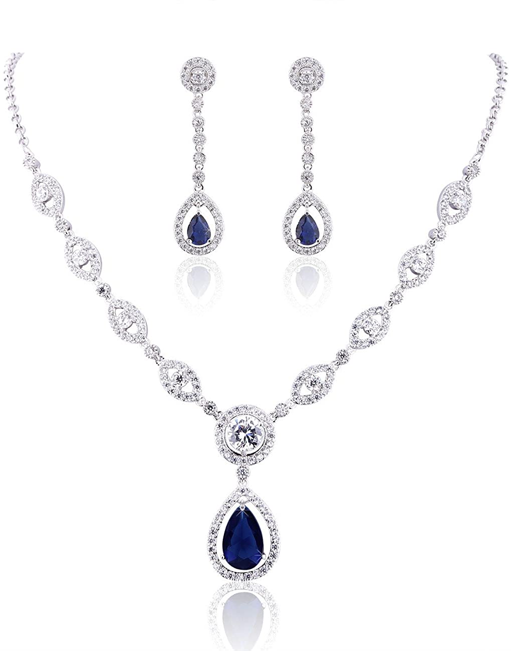 Cubic Zirconia Blue Silver Plated Bridal Jewelry Sets