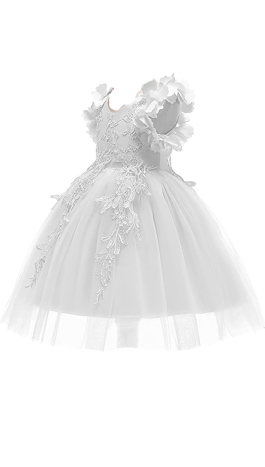 3D Butterfly Cuffs White Lace Tulle A-Line Flower Girl Dress