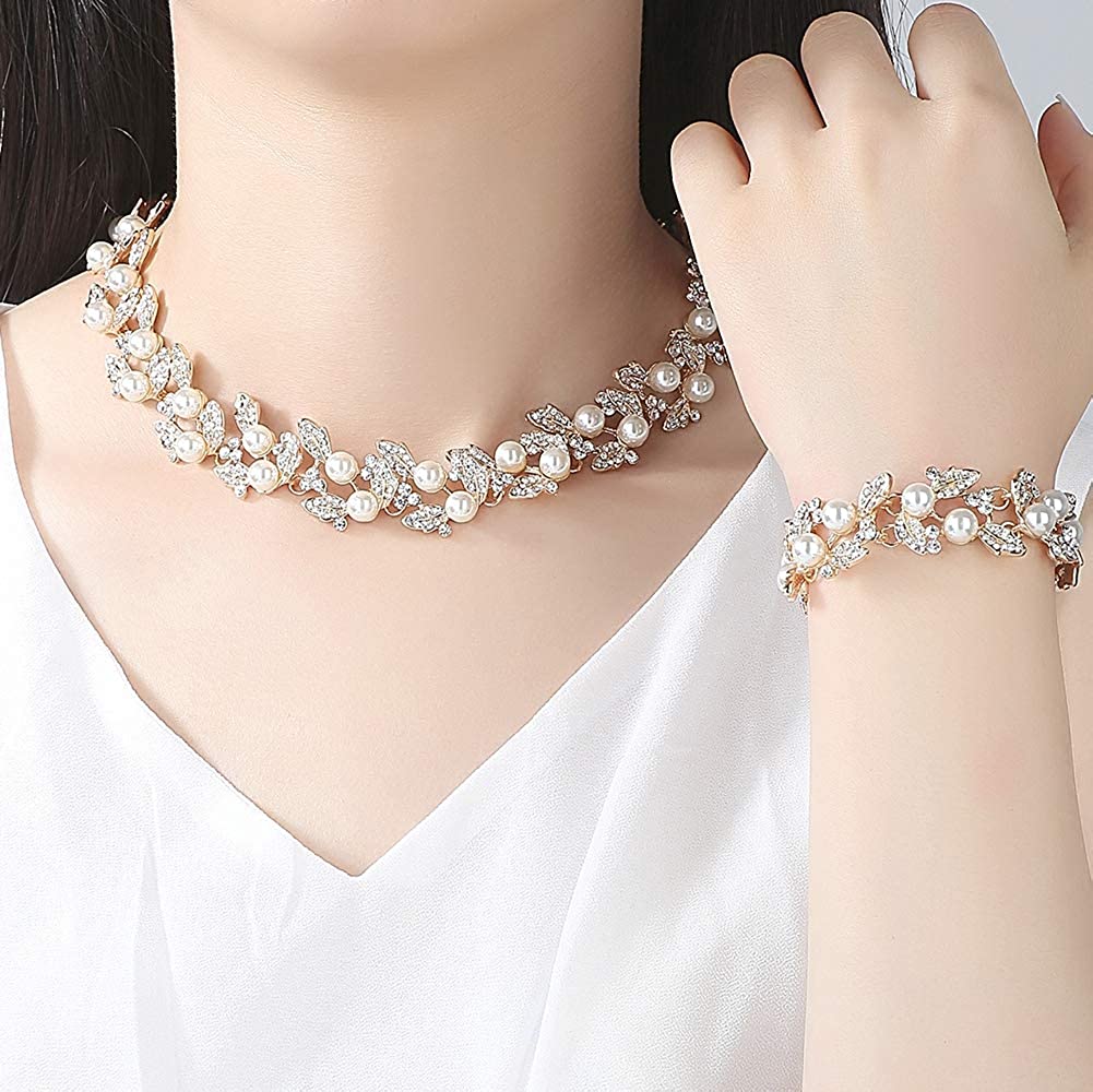 Crystal Pearl Gold Floral Leaves Bridal Jewelry Sets