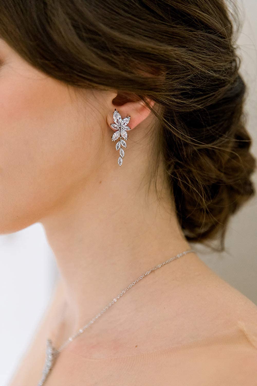 Cluster Drop Silver Alloy Cubic Zirconia Wedding Earrings