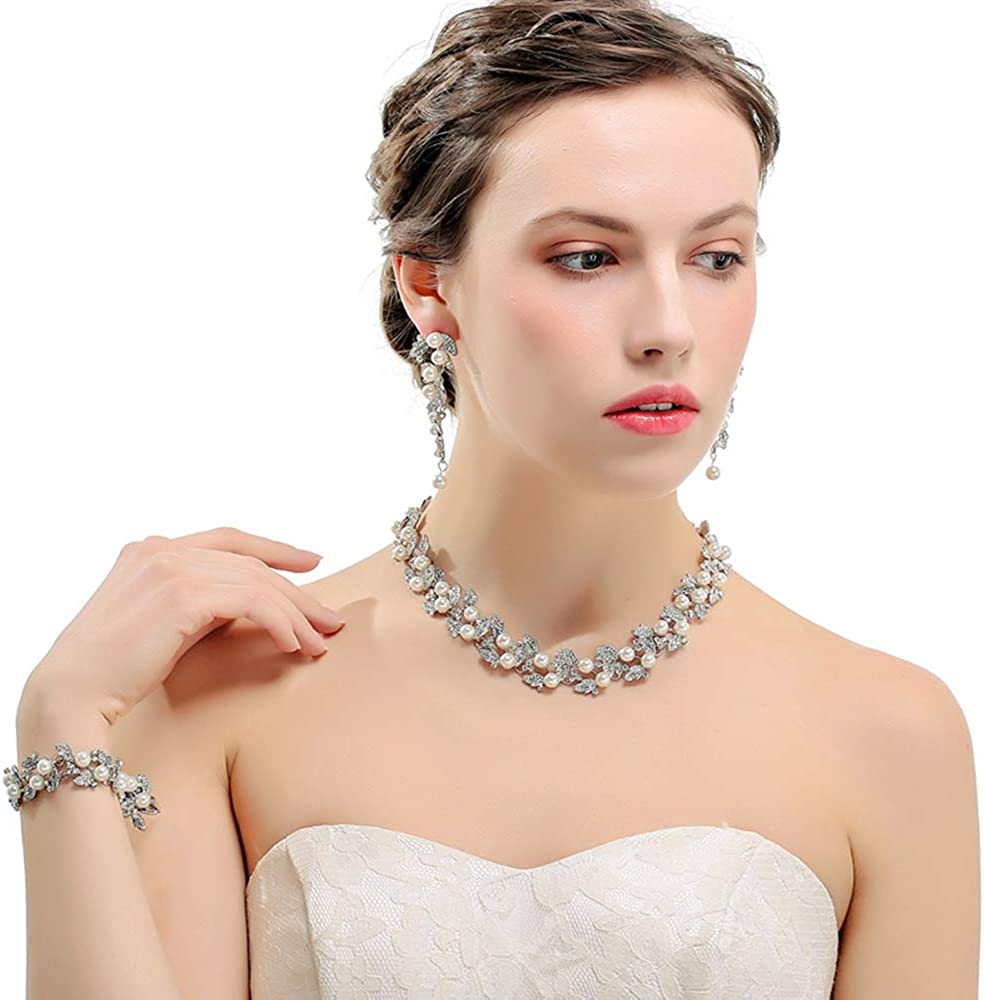 Crystal Pearl Silver Floral Leaves Bridal Jewelry Sets