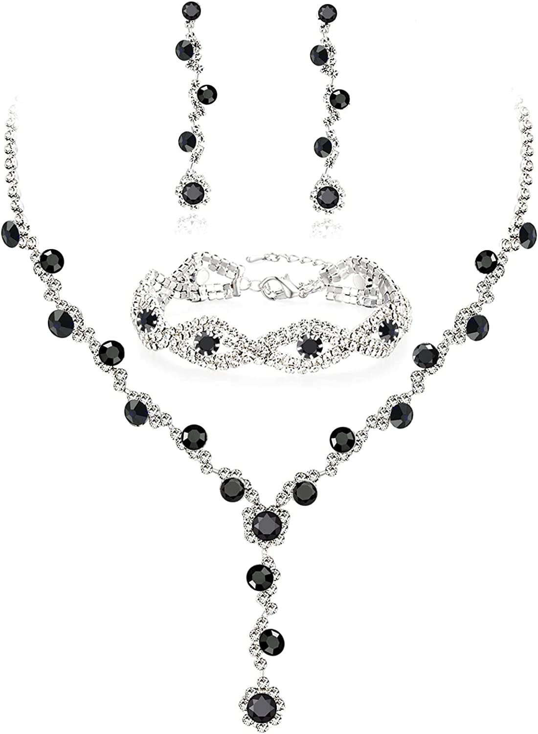 Floral Cluster Crystal Black Rhinestone Bridal Jewelry Sets