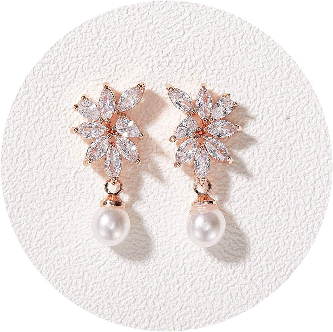 Cubic Zirconia Pearl Rose Gold Drop Bridal Earrings