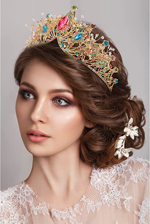 Luxury Gold Multi Color Pearl Beaded Crystal Rhinestone Tiara Crown