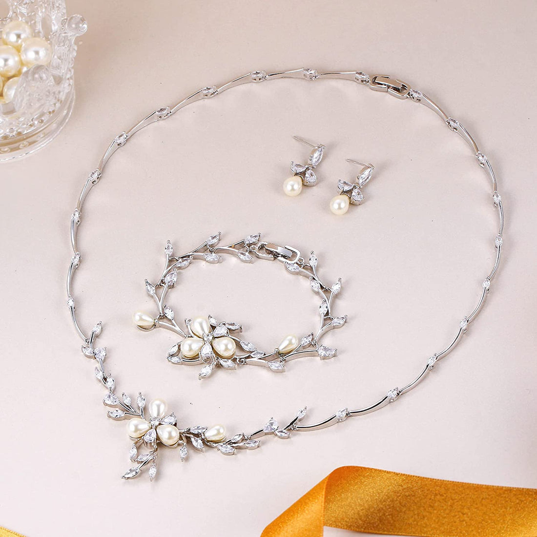 Flower Leaf Filigree Clear Pearl Bridal Jewelry Sets
