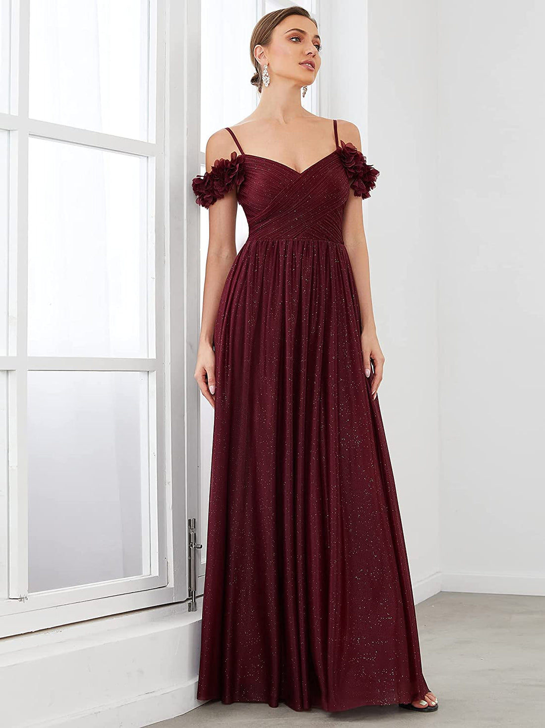 A-Line Burgundy Off Shoulder Tulle Bridal Dress