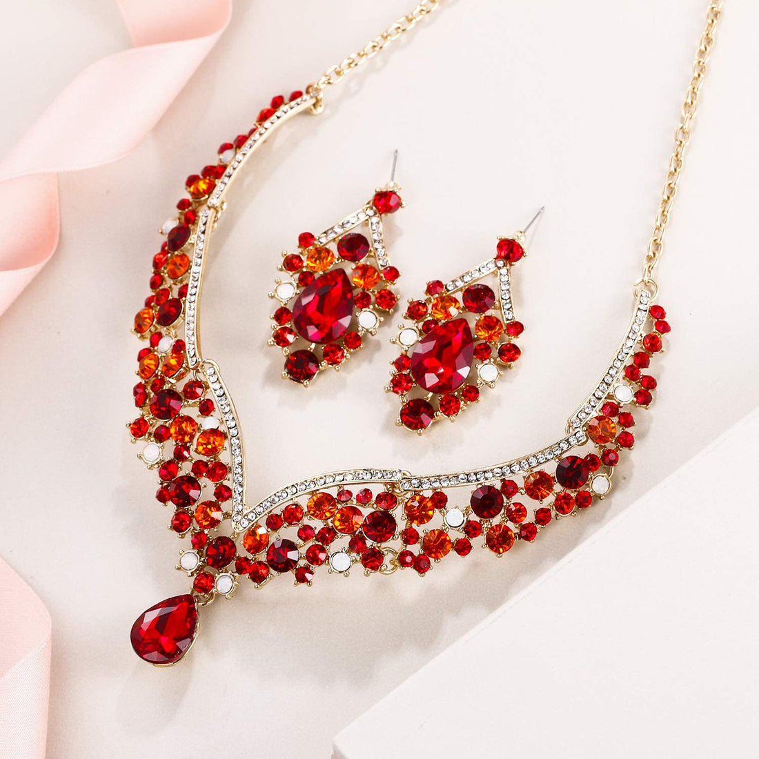 Elegant Red Austrian Crystal V-Shaped Teardrop Jewelry Sets