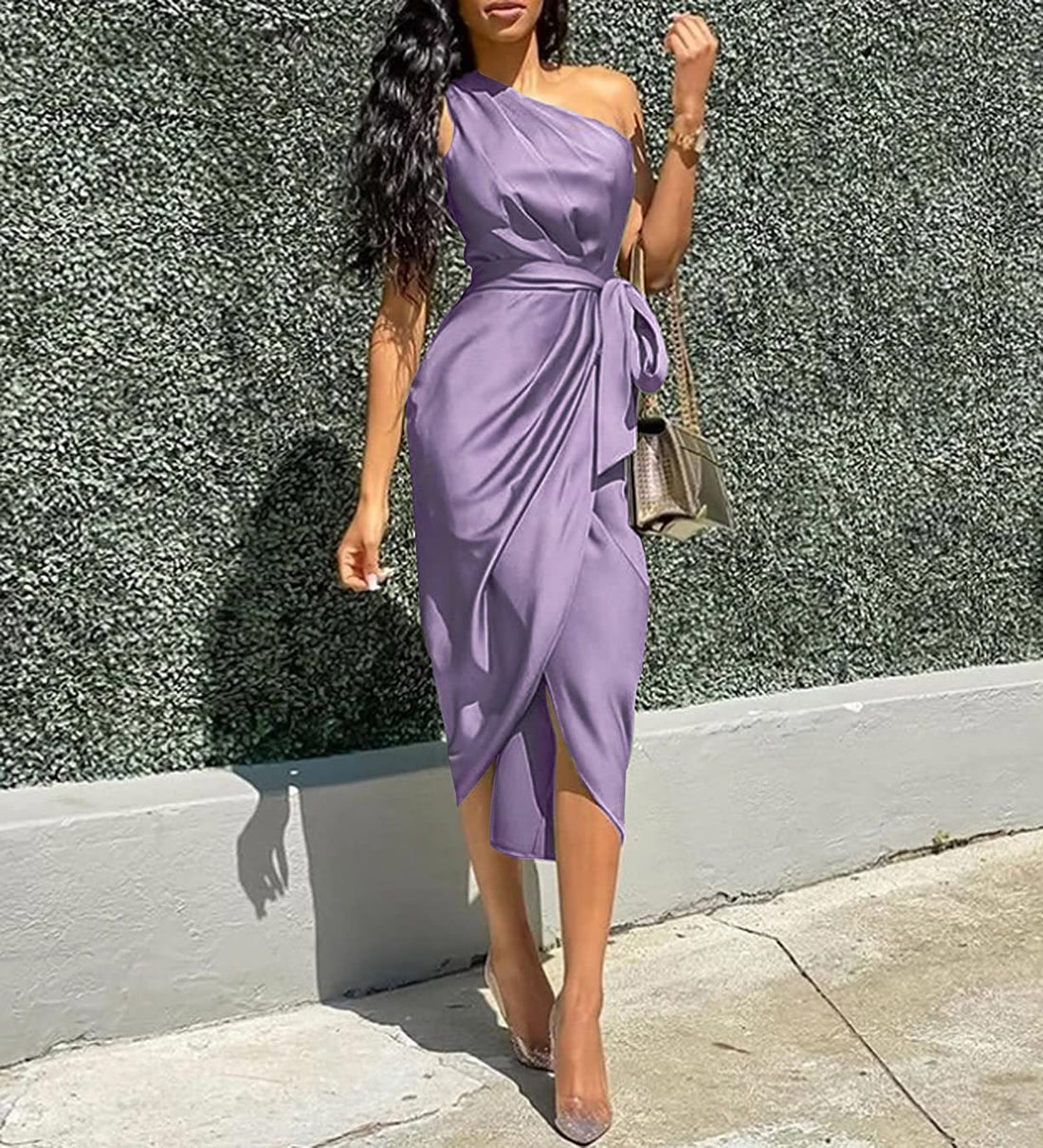 Asymmetrical One Shoulder Purple Satin Belted Midi Dress