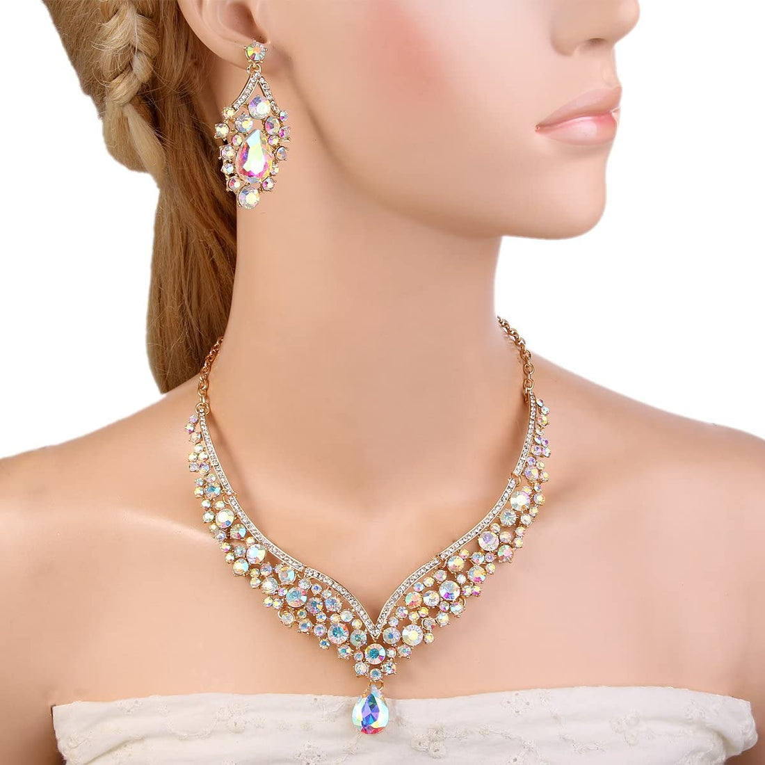Elegant Iridescent Austrian Crystal V-Shaped Teardrop Jewelry Sets