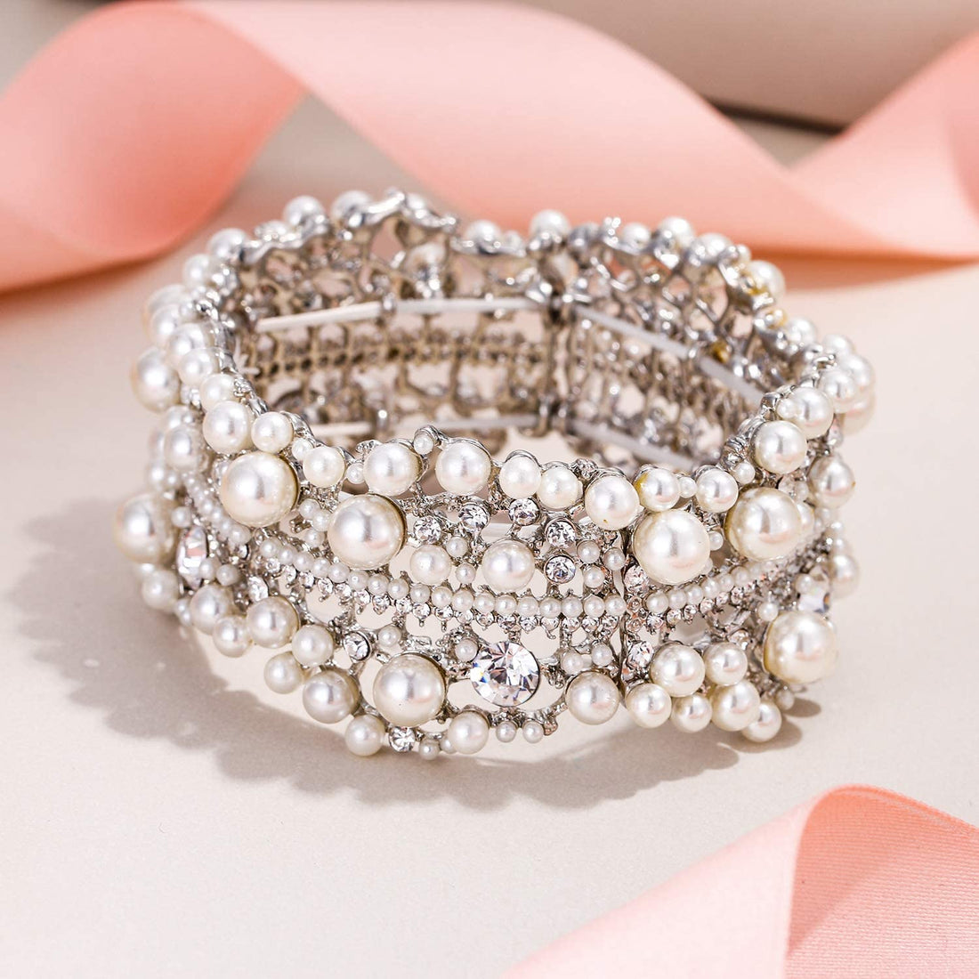 Austrian Crystal Silver Simulated Pearl Wedding Bracelet