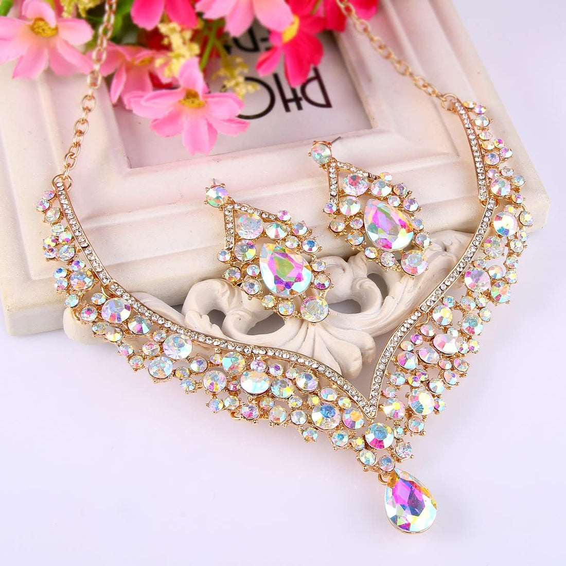 Elegant Iridescent Austrian Crystal V-Shaped Teardrop Jewelry Sets