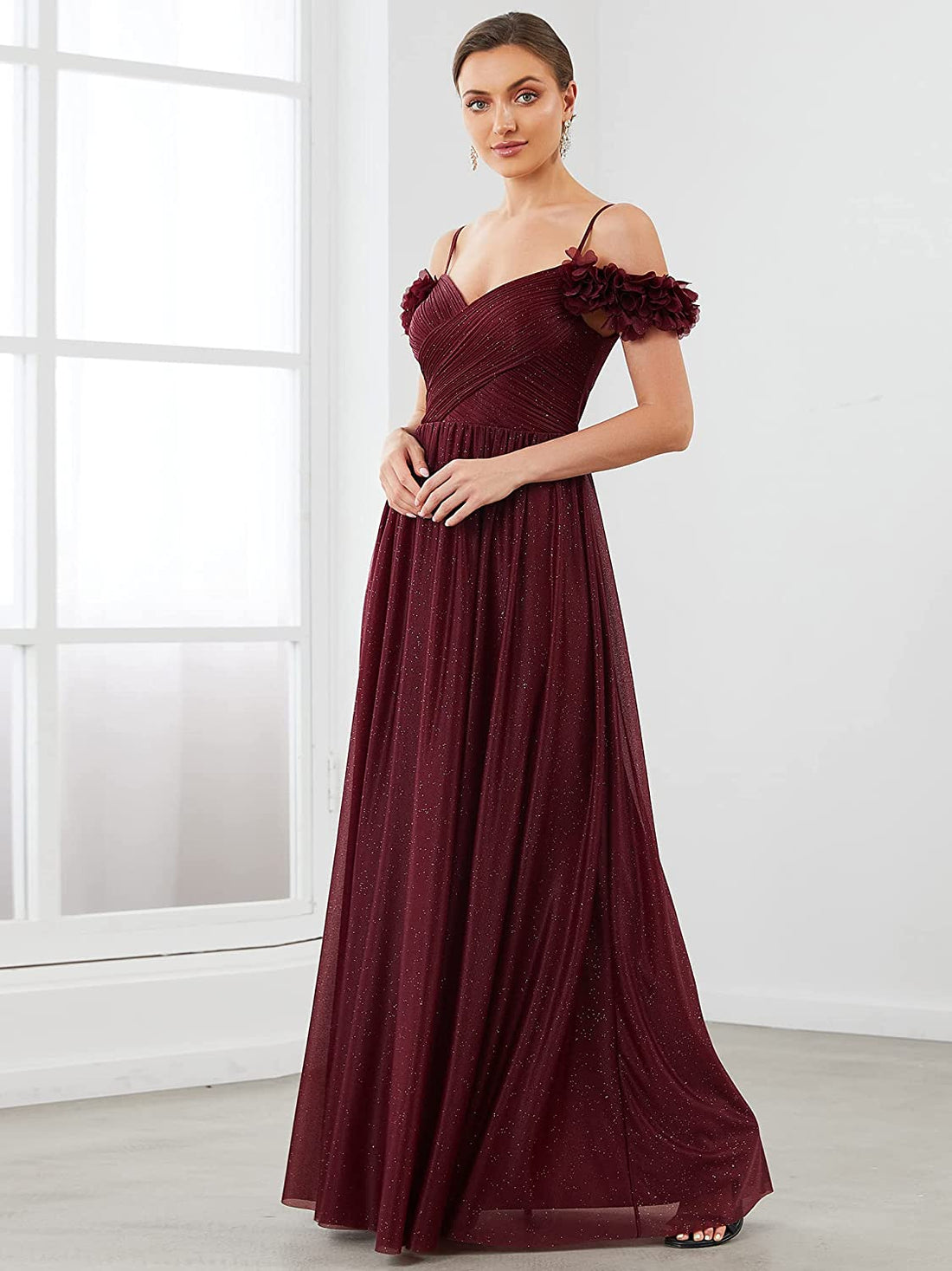 A-Line Burgundy Off Shoulder Tulle Bridal Dress