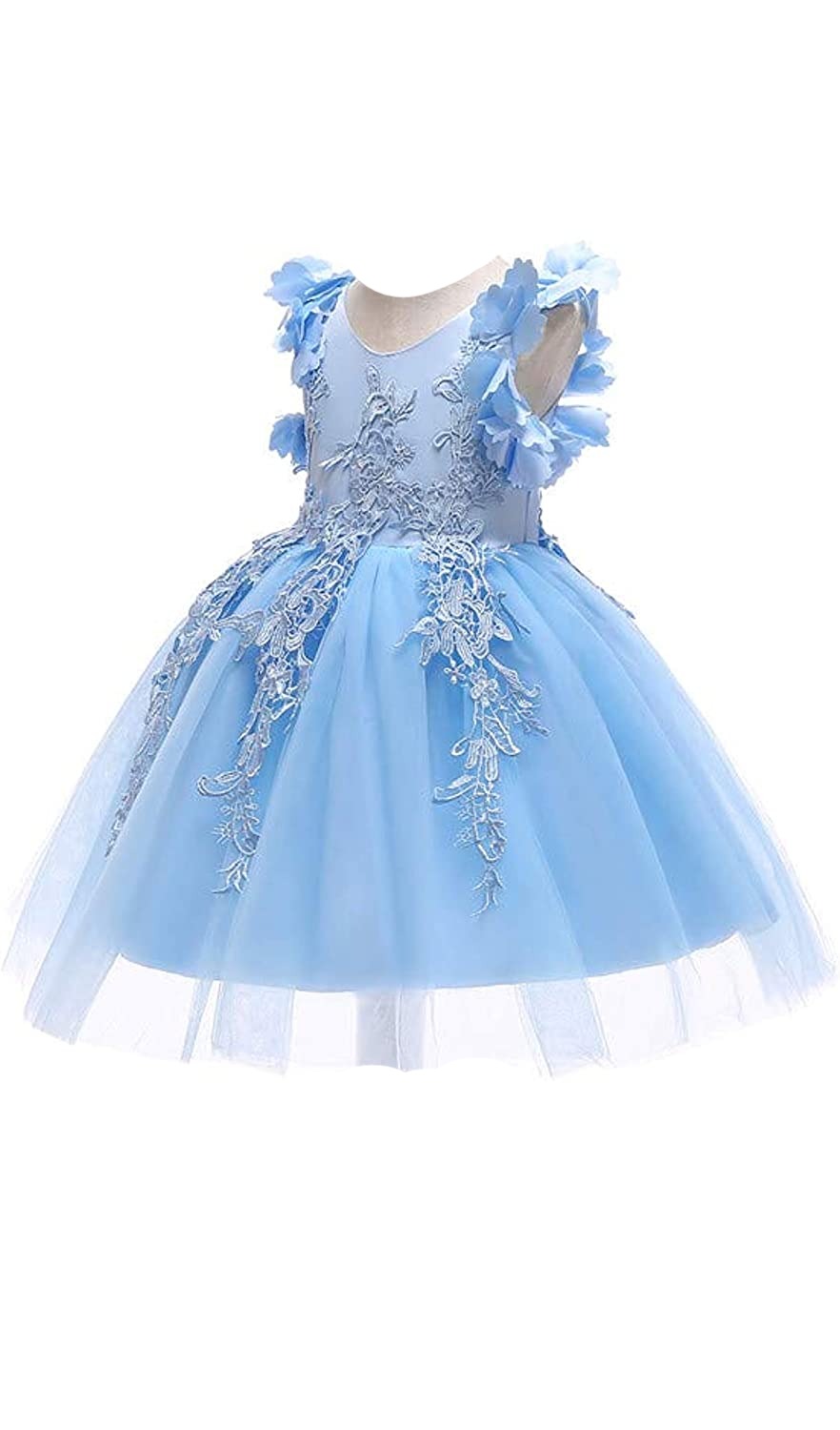 3D Butterfly Cuffs Blue Lace Tulle A-Line Flower Girl Dress