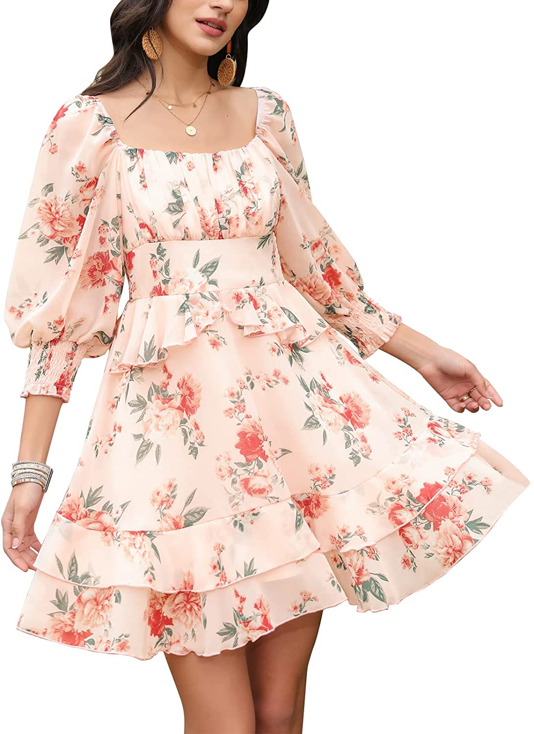 Ruffled Peach Floral Off Shoulder Mini Dress