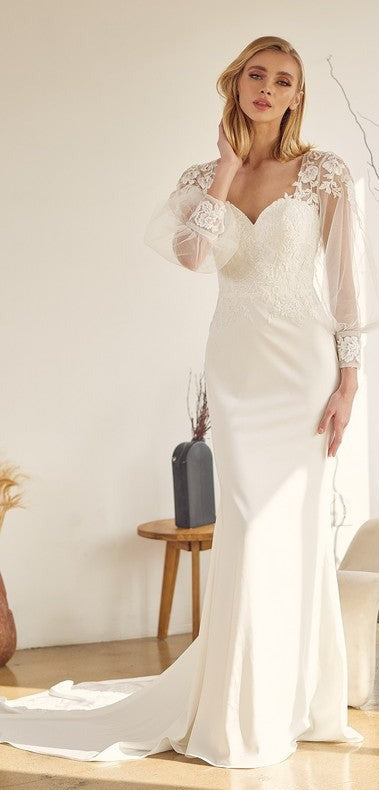 Pretty White Lace Embroidered Mesh Sleeve Wedding Dress