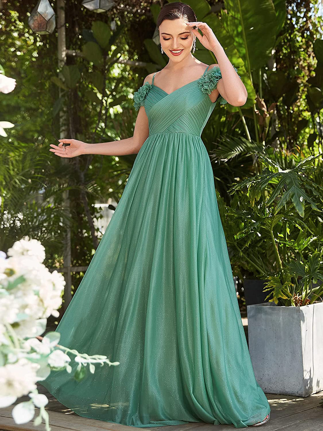 A-Line Green Off Shoulder Tulle Bridal Dress