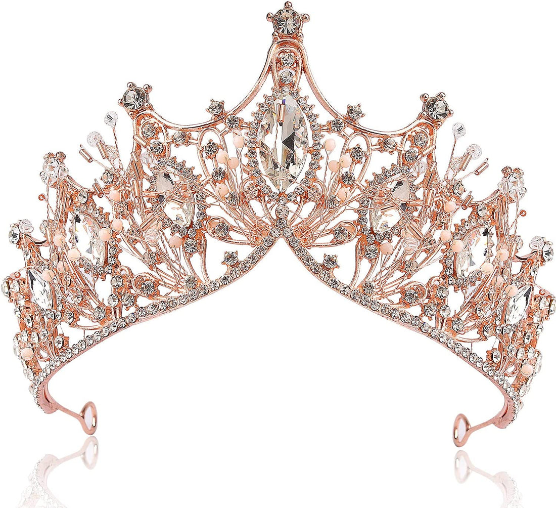 Luxury Rose Pink Gold Pearl Beaded Crystal Rhinestone Tiara Crown