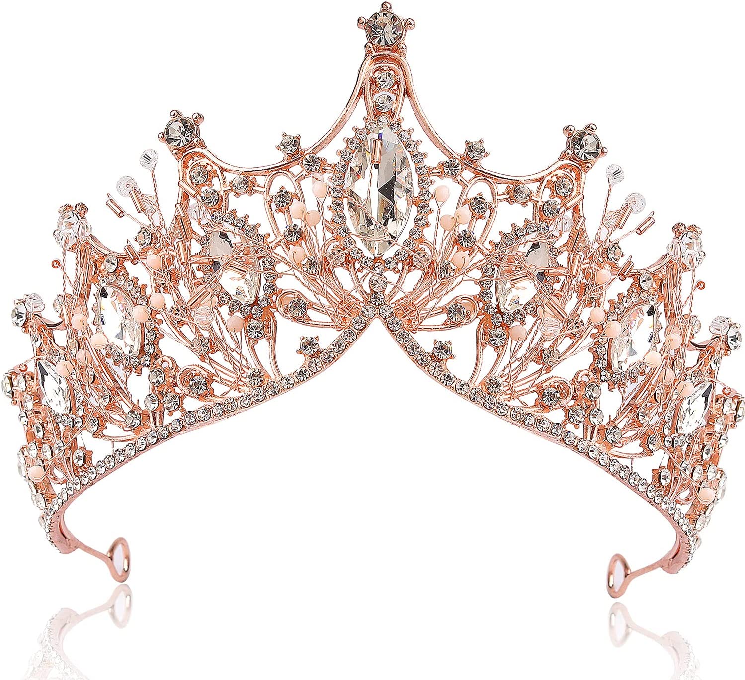 Luxury Rose Pink Gold Pearl Beaded Crystal Rhinestone Tiara Crown